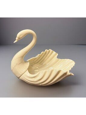 Lenox Ivory Swan Centerpiece Green Stamp 1940s Porcelain Basket Bowl UNUSED MINT